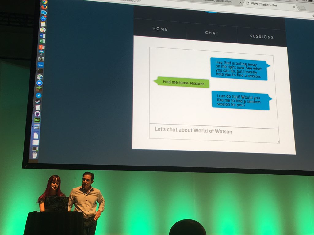 Swaneroo's tweet image. .@stefania_kaz #paircoding with .@rwlord at #ibmwow on #Bluemix. Nothing like building an app start to finish in front of a massive crowd.