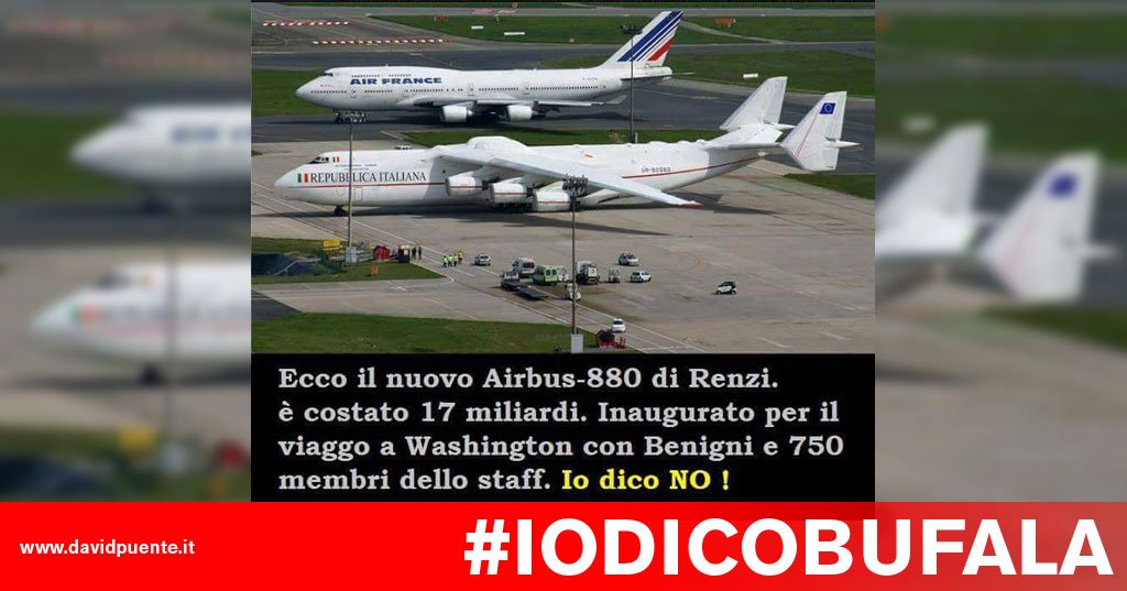 mauriziosia's tweet photo. #BUFALA Il nuovo #Airbuss-880 di Renzi costato 17 miliardi e inaugurato per il viaggio a Washington con Benigni… https://t.co/b5q0imHg2v https://t.co/7k2nYJgzyK