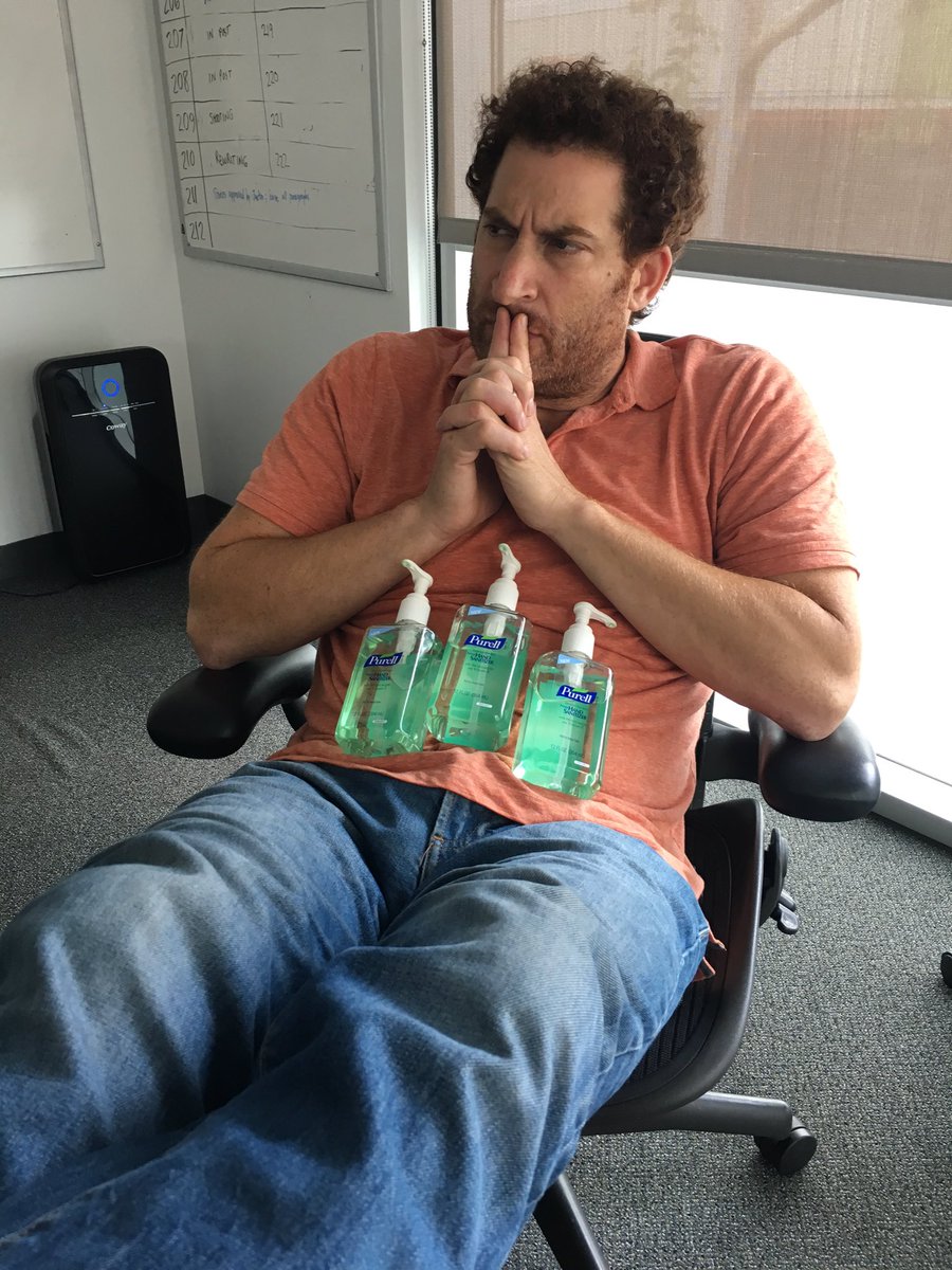 WritersInPieces's tweet photo. 3: The number of days until #LifeInPieces S2!!! Also, the number of Purell pump bottles resting on @dovjeser's stomach. #Season2Countdown https://t.co/Ioxv6sTMl2