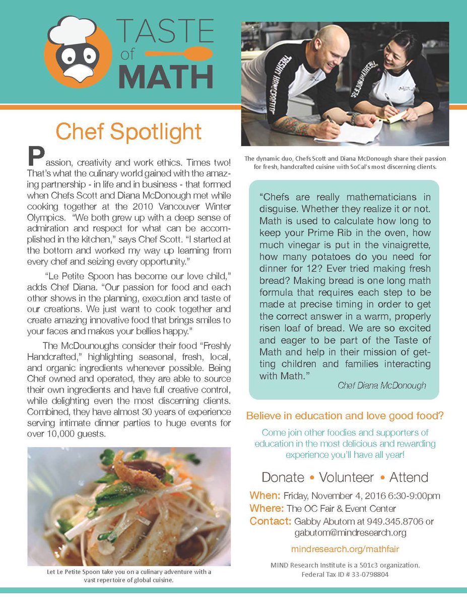 LePetiteSpoon's tweet photo. So excited to be a #featuredchef at #tasteofmath with #mindresearch #mindresearchinstitute #orangecounty #smallbusiness #boutiquecatering https://t.co/YXmaTlmTOo