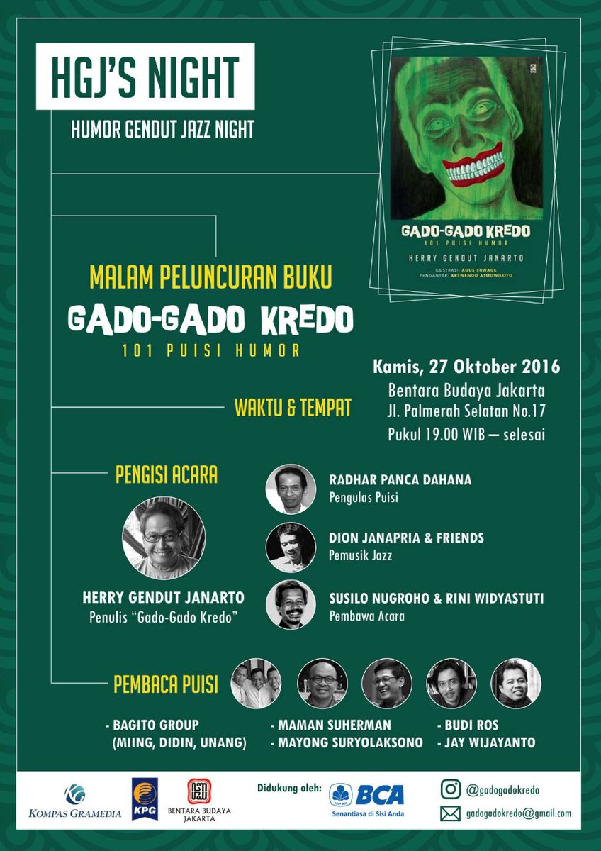 Yuk, hadiri Humor Gendut Jazz Night - Malam Peluncuran Buku #GadoGadoKredo, Kamis, 27 Oktober 2016 di <a href="/BentaraBudaya/">Bentara Budaya</a> Jakarta. :D