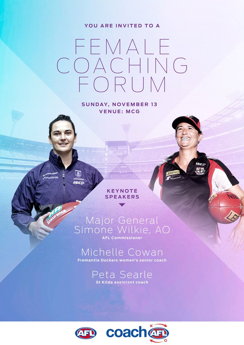 CoachAFL (@coachafl) on Twitter photo Are you coaching female footballers in 2017? <a href="/AFLFemale/">Jan Cooper OAM</a> <a href="/AFLCoaching/">Coaching AFL</a> Forum <a href="/MCG/">Melbourne Cricket Ground</a> Sunday 13 November. Enrol now.
aflcommunityclub.com.au/index.php?id=4… Are you coaching female footballers in 2017? <a href="/AFLFemale/">Jan Cooper OAM</a> <a href="/AFLCoaching/">Coaching AFL</a> Forum <a href="/MCG/">Melbourne Cricket Ground</a> Sunday 13 November. Enrol now.
aflcommunityclub.com.au/index.php?id=4…