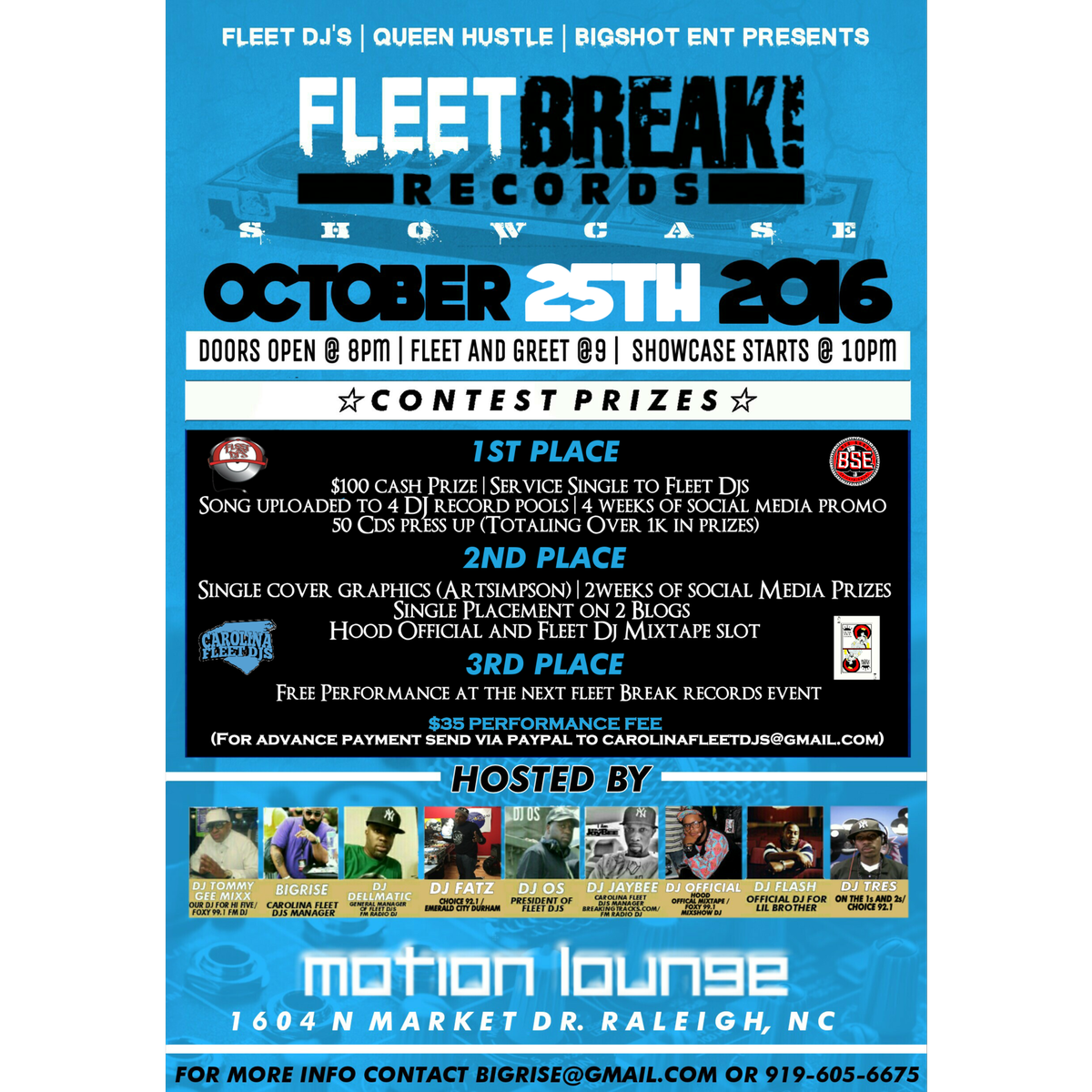 Bigrise's tweet photo. Calling All Artist Fleet Break Records Showcase 10/25/16 WE BACK! Raleigh NC Cash/ Record Servicing Prizes. @FLEETDJS  check flyer for Info https://t.co/mFECkzBaVZ