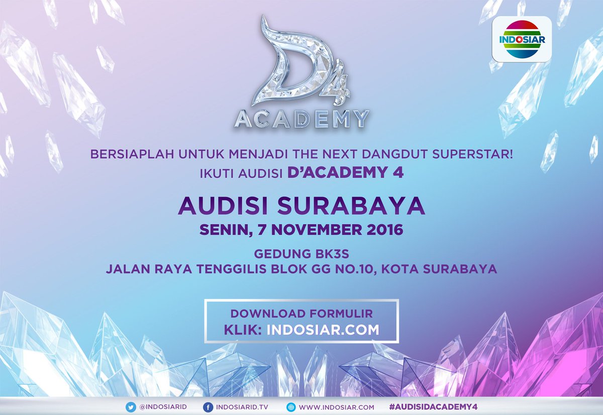 Indosiar's tweet photo. Gapailah mimpimu dengan mengikuti #AudisiDAcademy4 di kota Surabaya tanggal 7 November 2016.
Download formulir: https://t.co/UAGehAXr9W https://t.co/wX8R2acACW
