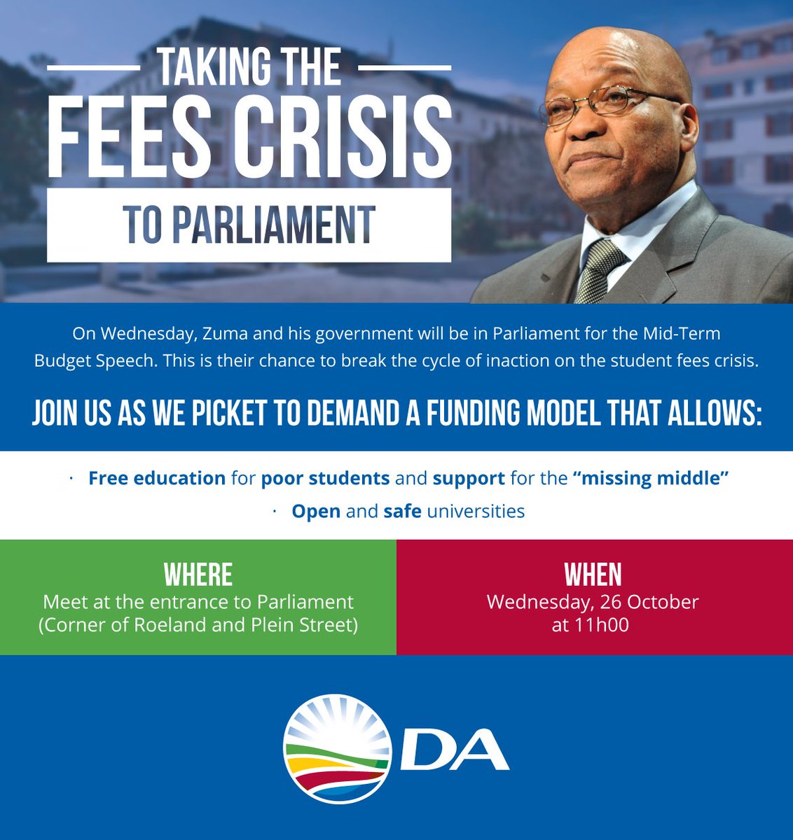 Our_DA's tweet photo. Join us tomorrow as we campaign for more student funding &amp; open universities! Meet: Parliament entrance at 11am #FundOurUniversities https://t.co/7bUMAFJAwB