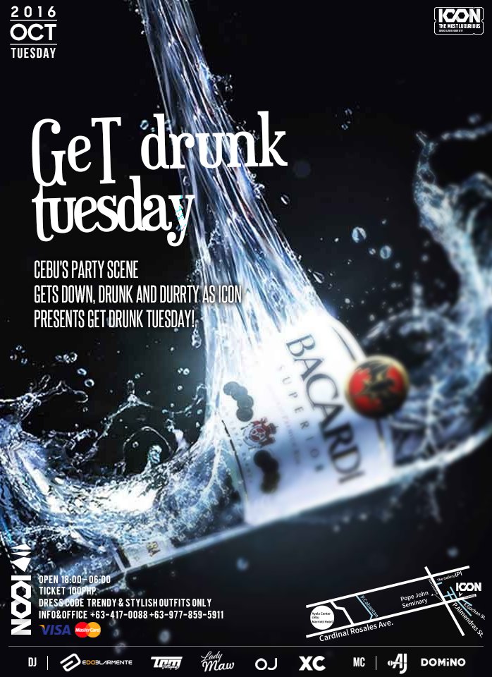 IconCebu's tweet photo. GET DRUNK TUESDAY
Come one, Come all!
Cebu's party scene gets down, drunk and durrty as ICON presents
GET DRUNK TUESDAY! https://t.co/PJOMdXQw3F