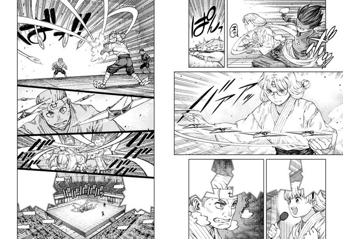 今日10月25日発売 月刊アクション12月号に つぐもも94話「だるまさんがころんだ」が掲載されます。バトル回ですが無理矢理おっぱい露出を描きました。よろしくおねがいします。 