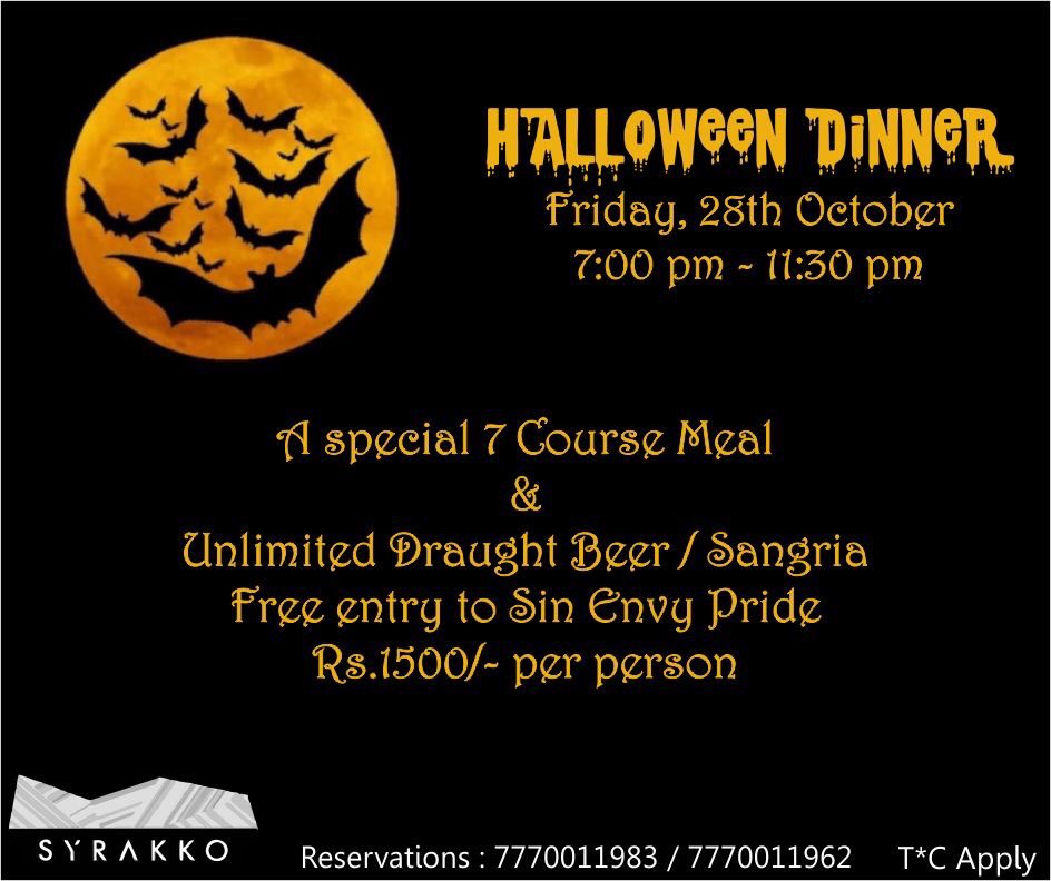 raskonda_16's tweet photo. We're going to be hosting a Halloween Dinner this #Friday .
For more info : 7770011983 / 7770011962.
#Syrakko #Halloween #CuratedMenu #Pune https://t.co/z2eeEaDRtx