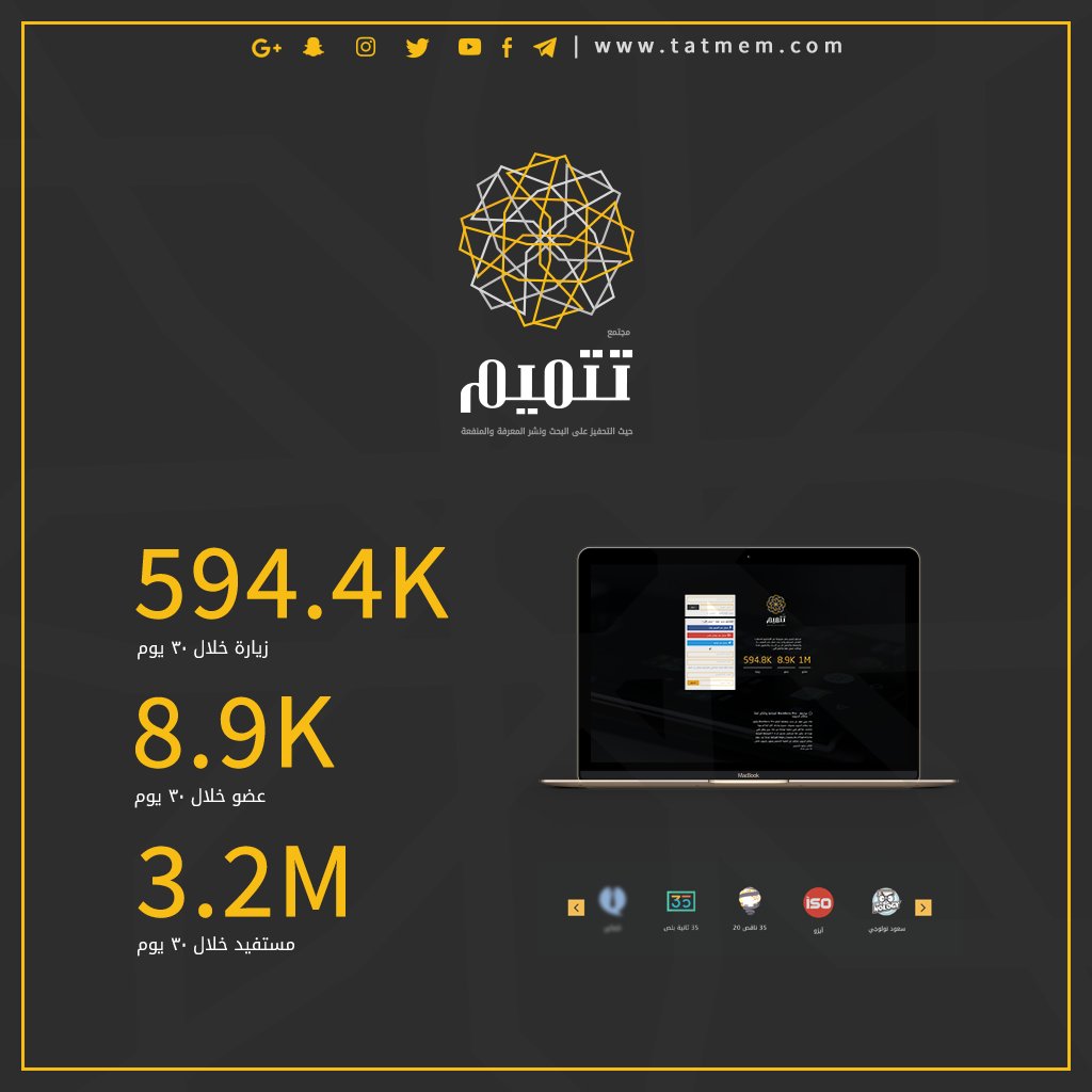 tatmem's tweet photo. أتتمنا ٣٠ يوم من الإفتتاح بـ #مجتمع_تتميم كان إجمالي الزيارات ٥٩٤.٥ أالف زيارة، ٨.٩ عضو، ٣.٢ مليون مستفيد بـ ٤ مشاريع وهناك ٥ مشاريع قادمة. https://t.co/SnYiYwXVaZ