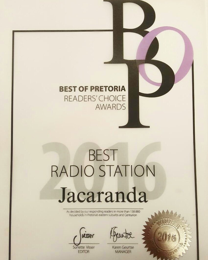 jacarandafm's tweet photo. We are overjoyed! We walked away with 'Best Radio Station' at last night's #BOP2016 awards! Thank you for voting us number one! 🙌 https://t.co/8qTvggnJA2
