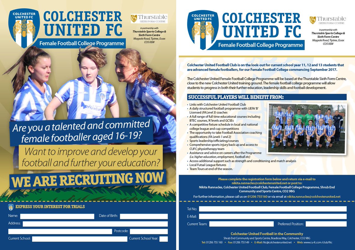 We are recruiting for our Girls College Programme to start in September 2017. For more info get in touch! #ColU <a href="/EssexCountyFA/">Essex County FA</a> <a href="/FFD_EFLTrust/">FFD</a>
