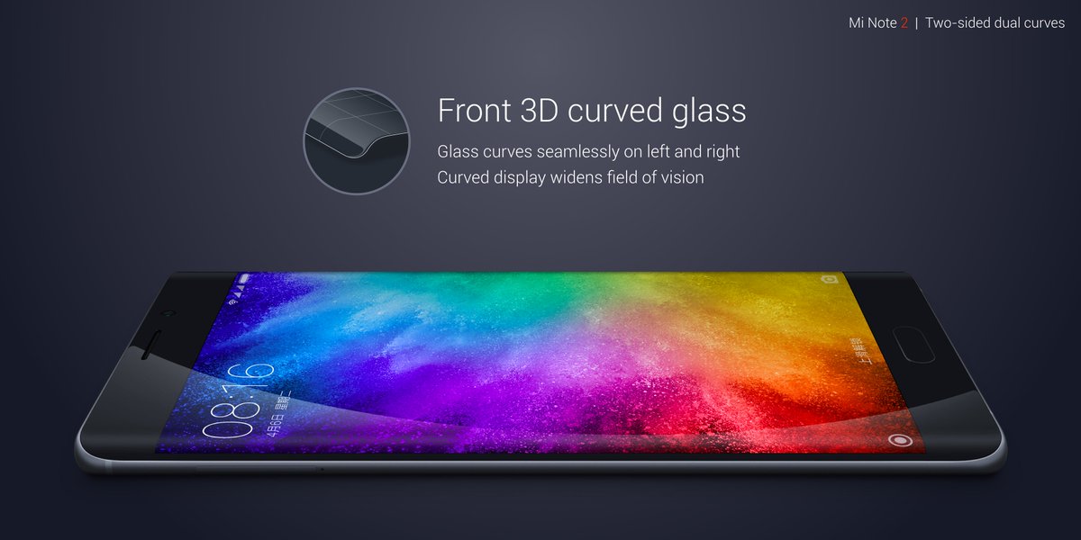 hbarra's tweet photo. #MiNote2 - front &amp; back 3D curved glass, 5.7” flexible OLED display, SD821 2.35GHz, 37 global bands, 22.56MP camera, RMB3499 https://t.co/4kfCR6ELjx