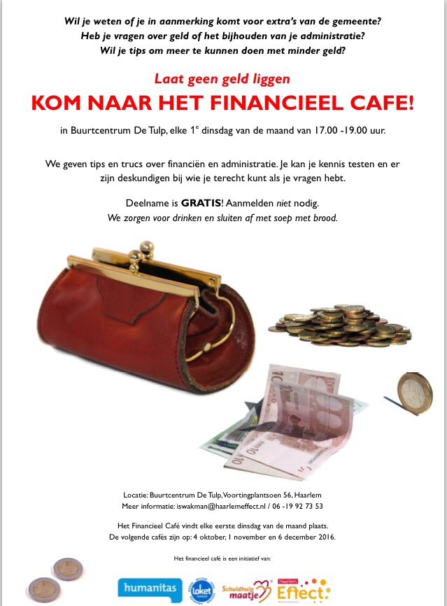 ingridswakman's tweet photo. Op 1 november van 17.00 tot 19.00 uur weer Financieel Café in buurtcentrum #DeTulp @haarlemeffect Ook voor hulp bij digitale aanvragen https://t.co/P70Lbx68GY