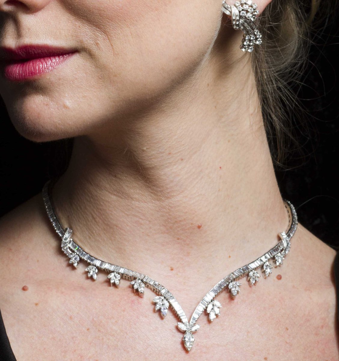 Period Jewellery,  A 1950s diamond choker necklace, mounted in platinum and  1950's diamond earrings. Click on website for more infomation