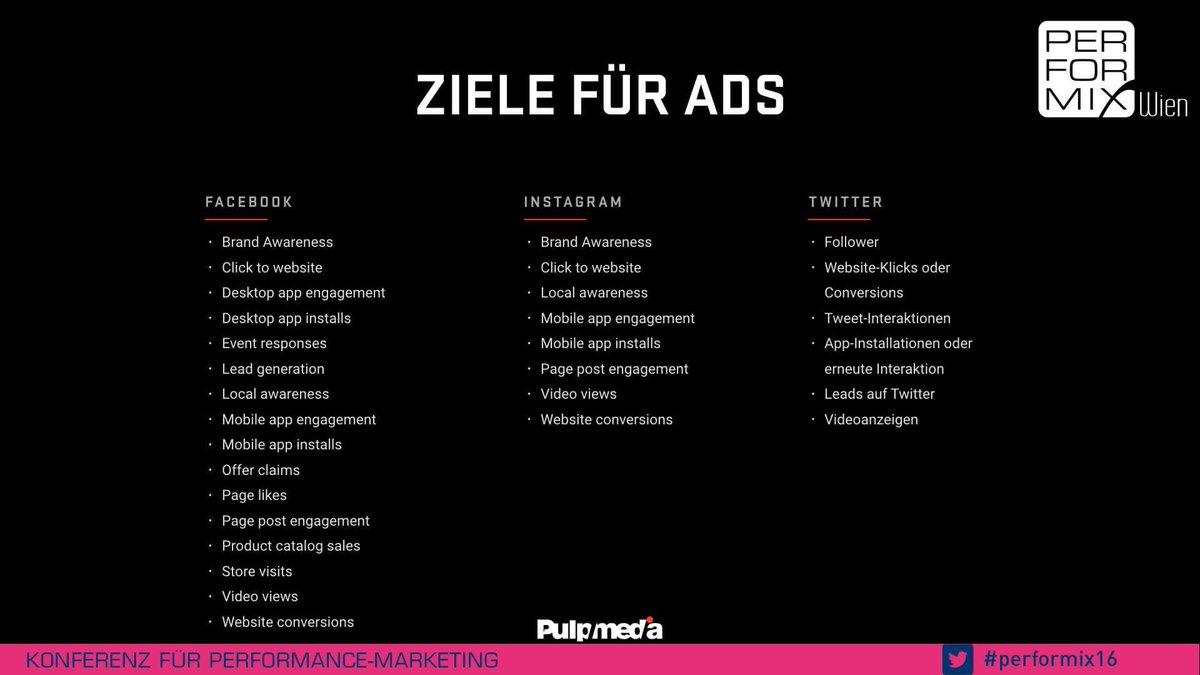 pulpmedia's tweet photo. Bei der #performix16 fasst @NadschaP die verschiedenen Ziele von #Ads in #SocialMedia zusammen: https://t.co/Nwd6ZwN9Uv