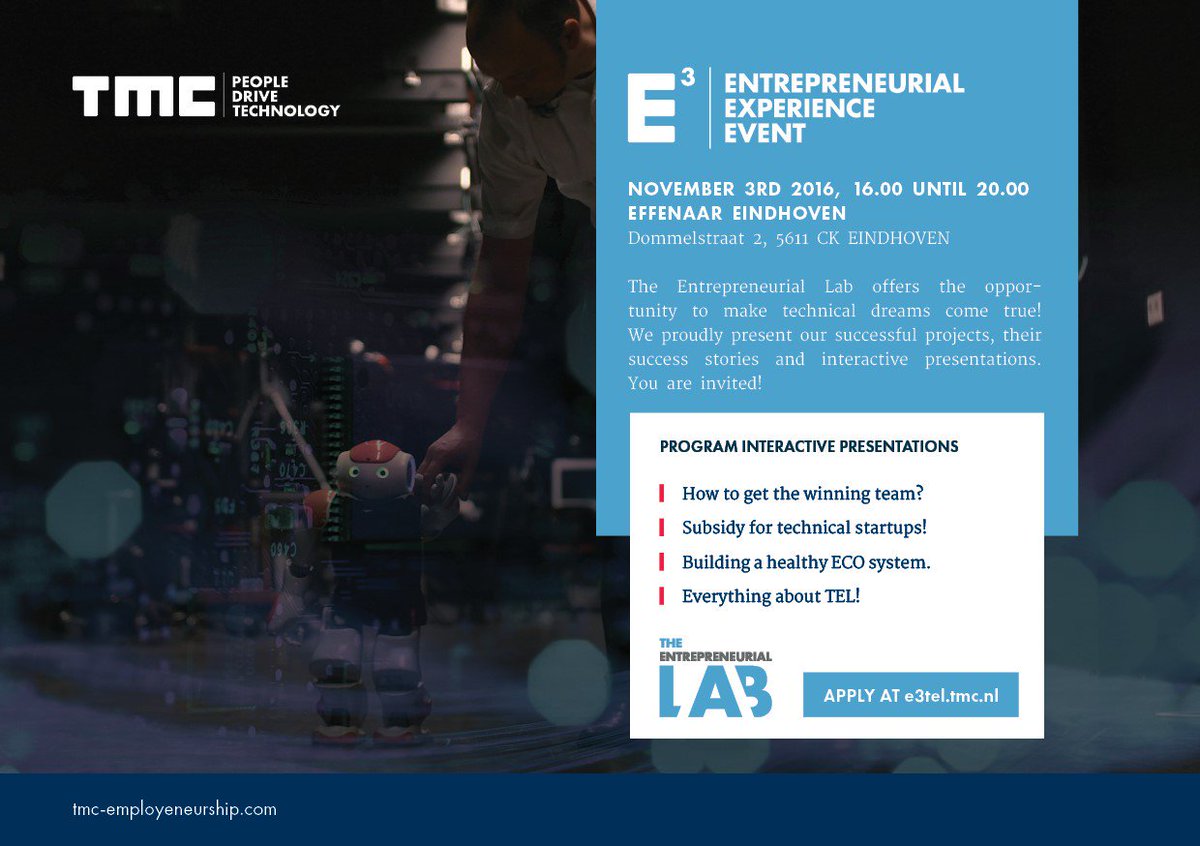 TMCwo's tweet photo. Sign up now to Experience our Entrepreneurial Event, November 3rd at the Effenaar! Apply at https://t.co/RKwiPElQ6u #TMCE3 https://t.co/zbLa4mRiDs