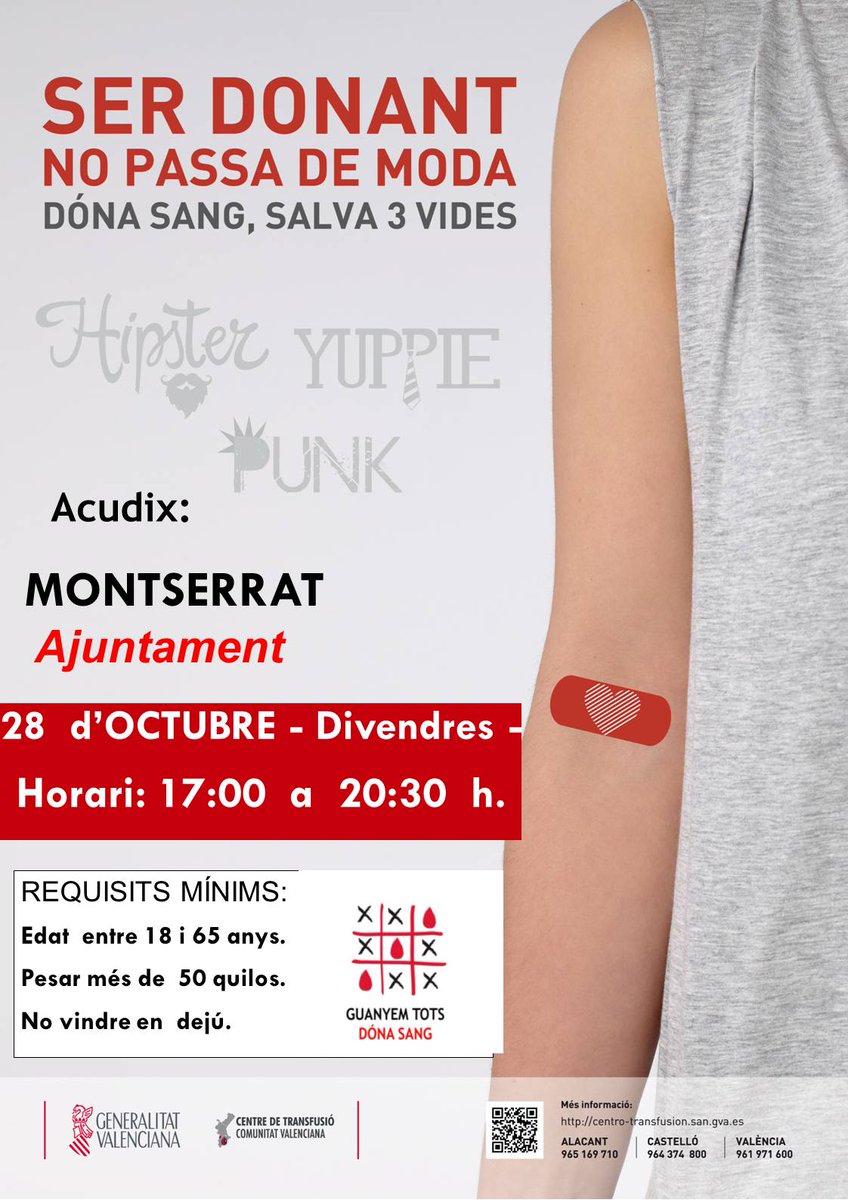 Dóna sang! Recorda que el 28 d'octubre, de 17 a 20.30 h, als baixos de l'Ajuntament de Montserrat #DónaSang #Salva3vides <a href="/GVAdonasang/">GVA Dona Sang</a>