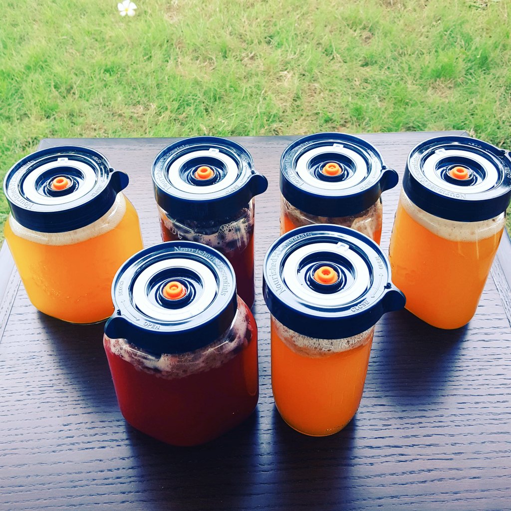 kareeneshub's tweet photo. Jars of 2nd #ferment #organic  #kombucha with #berries #pineapple #apple. Using the #cool #easyfermenting lids.
#rawfood #fitness #tea #yoga https://t.co/mK0tLlCBkq