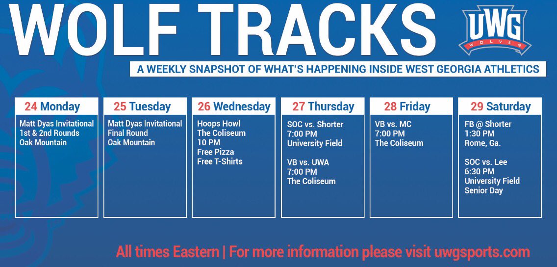 duffey_eddie's tweet photo. A fantastic week with Wolves Athletics! 6 of our programs in local action for all to enjoy &amp; support! @UWGAthletics @UnivWestGa @uwgalumni https://t.co/M0aYAgACfo