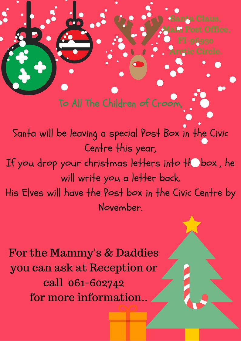 Croom.ie (@croom_ie) on Twitter photo Santa's Post Box coming soon to Croom Civic Centre, For more Info call 061-602742.....<a href="/CroomNS/">St.Mary's N.S. Croom</a> <a href="/CroomCommunityC/">Croom Sports Complex</a> Santa's Post Box coming soon to Croom Civic Centre, For more Info call 061-602742.....<a href="/CroomNS/">St.Mary's N.S. Croom</a> <a href="/CroomCommunityC/">Croom Sports Complex</a>
