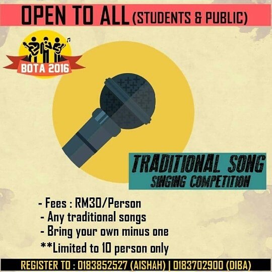IshahAhmad's tweet photo. ATTENTION ATTENTION! 
Sapa ada bakat nyanyi tu meh la join #BOTA16 4 Nov ni. Buat kat UiTM Shah Alam je. Spread it around like wildfire!
 🎤🎸 https://t.co/t0G2Bl2W9v