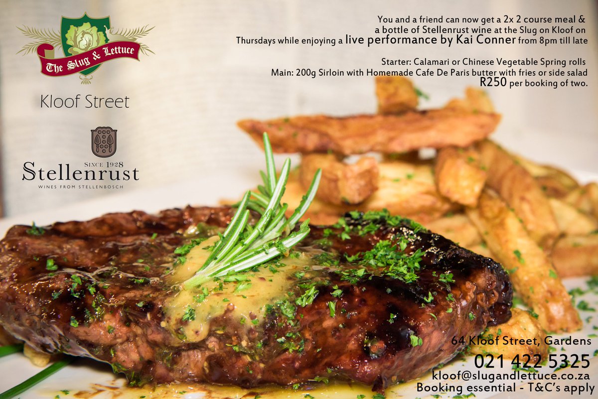 Book now for yourself and a friend this Thursday!
2 x 2 Course Meals &amp; a bottle of Stellenrust for R250 
Kai Conner performing live from 8pm