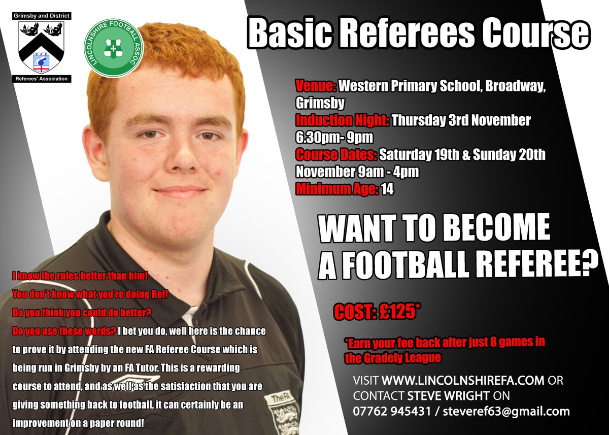 Grimsby football refs course 19th/20th Nov. Induction 3rd Nov.. book on course via <a href="/LincolnshireFA/">Lincolnshire FA</a> <a href="/DiscoverNEL/">DiscoverNEL</a> eventspace.thefa.com/lincolnshirefa…