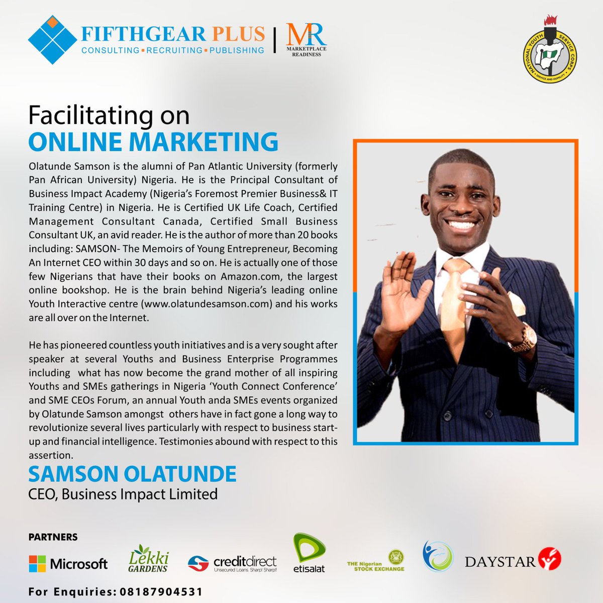 MpR4NYSC's tweet photo. This is happening live today at the Marketplace Readiness Programme.
Powered by @FifthGearPlus. @MicrosoftNG @iginigeria @CDL24hrsLoan https://t.co/TR6DoJt8Kl