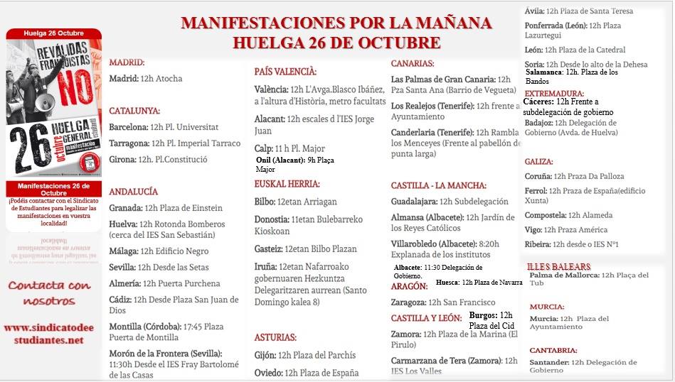 SindicaEstudian's tweet photo. Horario de manifestaciones de por la mañana de la huelga educativa del  26 de octubre actualizado!! Acude a tu manifestación más próxima https://t.co/rcJxnJNxxs