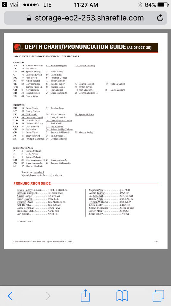 Cleveland Browns 2016 Depth Chart