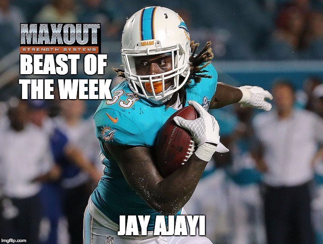 MaxOutStrength's tweet photo. Our MaxOut #NFLBEASTOFTHEWEEK is Jay Ajayi of the Miami Dolphins for his monster 214 rushing yards vs the Bills. #MaxOutStrong https://t.co/S87htUsmz6