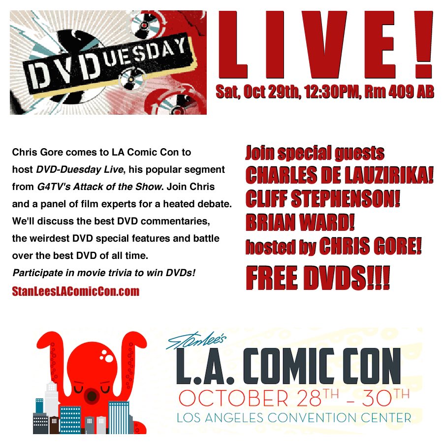 dvduesday's tweet image. See @ThatChrisGore @StanLeeComicCon on the #DVDuesday panel and 7 other panels Oct 28-30. #LAComicCon16 #Halloween 
stanleeslacomiccon.com/2016-programmi…