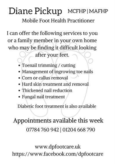 Appointments available this week in and around #Horwich #Chorley #Wigan #Aspull Give me a call or visit my site. dpfootcare.uk