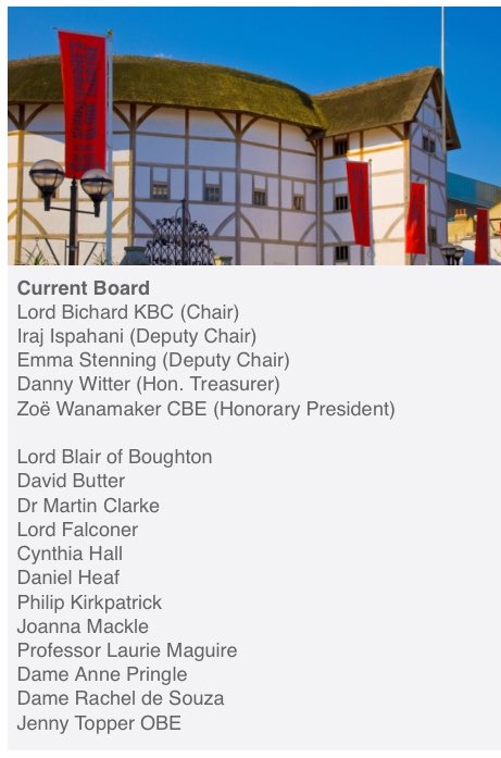 Adamfgwelsh's tweet photo. Dame Anne Pringle and Lord Blair of Boughton really missing that shared light @The_Globe #sacktheboardnotthebard https://t.co/KKDaaZn4dk