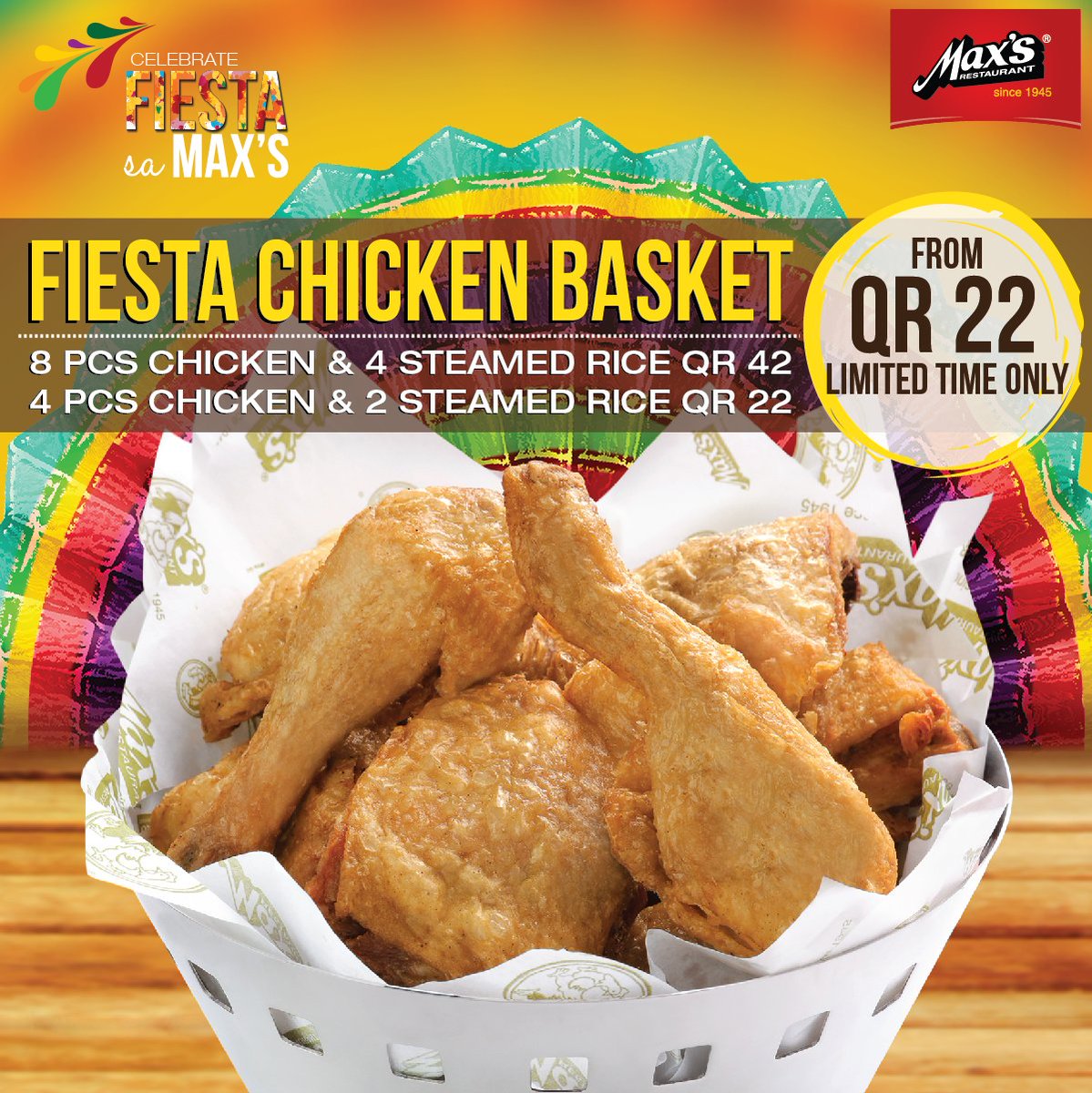 MaxsChickenUAE's tweet photo. Hello #QATAR. Enjoy Max's chicken basket starting from QR 22 with our ongoing Max's Fiesta. It comes with 2 portions of rice. https://t.co/pxxm6aHjUr