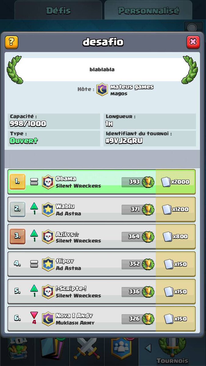 SilentWreckers's tweet photo. Très belle performance des SW ! Bravo à Obama qui remporte le tournoi ainsi qu'à Azilys, Scripte et Romain pour leur top 7 https://t.co/ZdRJ5gbBKX
