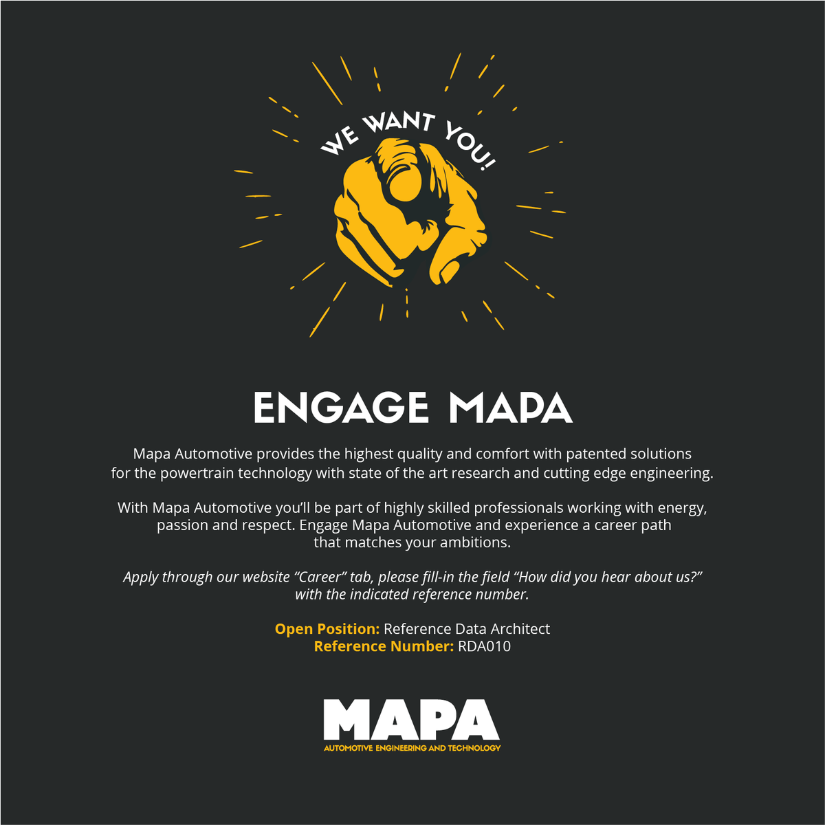 mapaautomotive's tweet photo. Engage MAPA. For further information: https://t.co/lwH7GVefJR #MAPAAutomotive #Career https://t.co/kTnPYo24bt