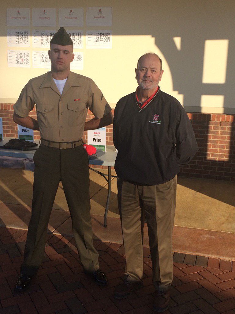bbarefoot_bo's tweet photo. Vietnam Vet Dr. Charles Peacock of NCSU with my Son. Honored, Thank you service members. #NCSU #Marines #GCSupts https://t.co/m43wZR2cYu