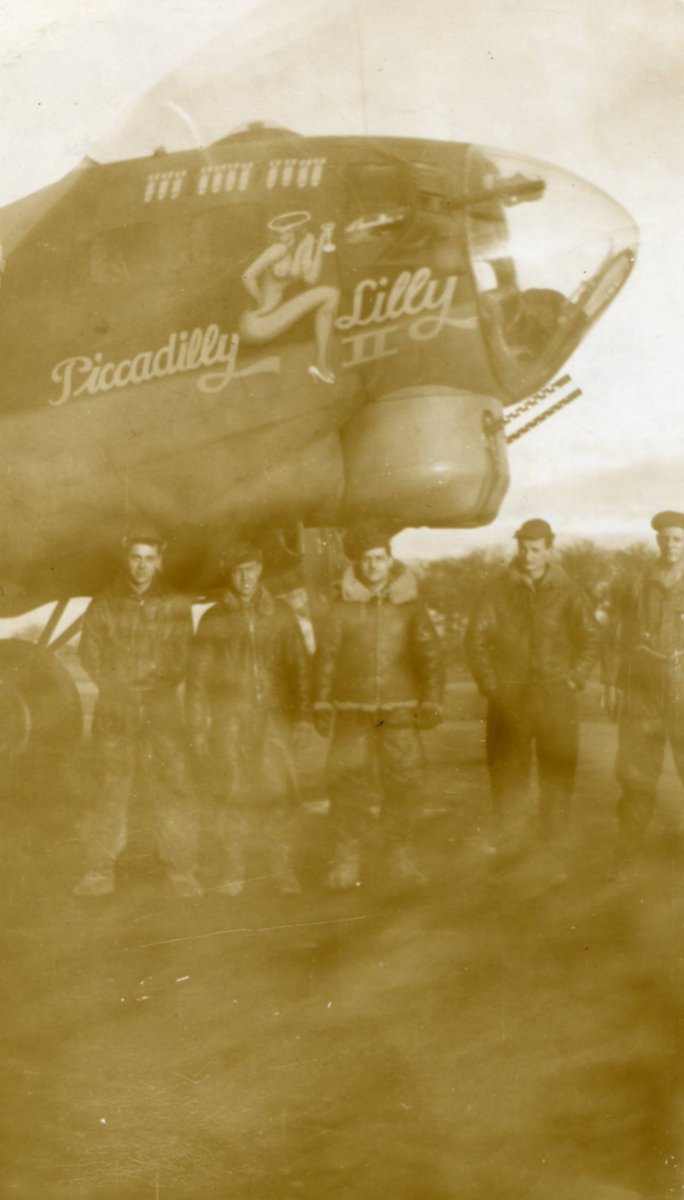 Ghostly sepia image of 100th Bomb Group flying fortress Piccadilly Lilly II with ground crew c.1943-1945 <a href="/8thEast/">Eighth in the East</a> @2ADMemLibrary <a href="/WW2HQ/">Second World War</a>