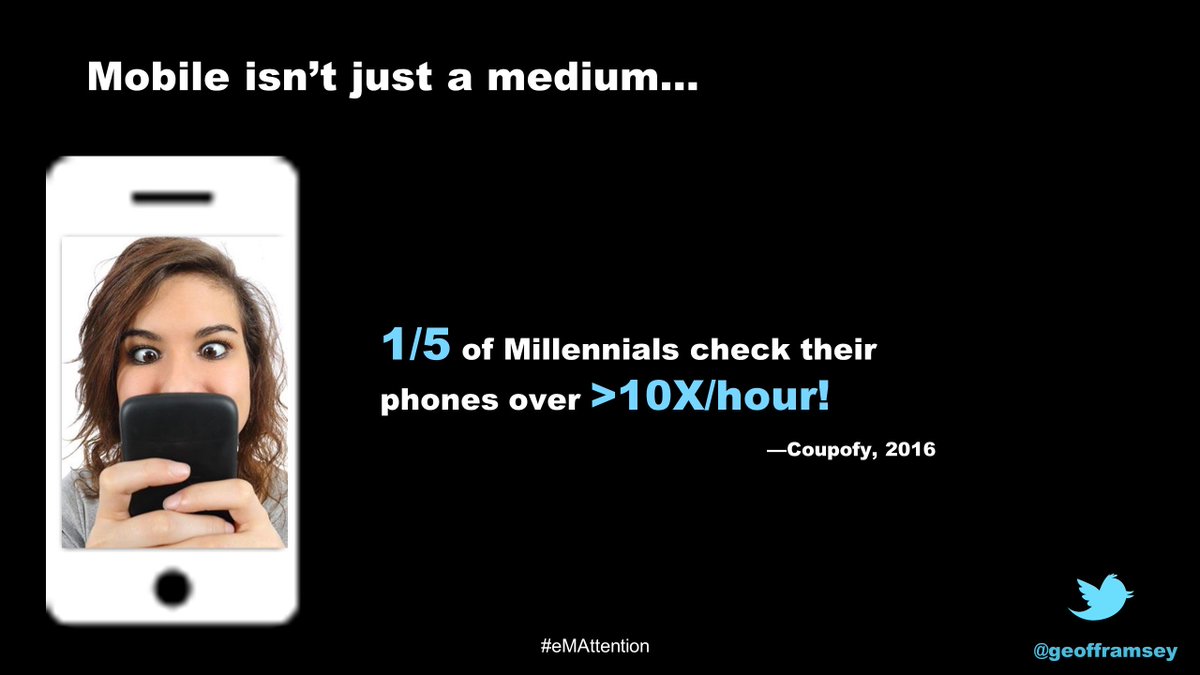 eMarketer's tweet photo. “Millennials check their phones more than 10 times per hour.” -@geofframsey #eMAttention (citing a 2016 @CoupofyUSA study) https://t.co/bPapUDdXjv