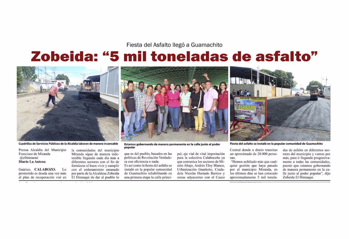 alcaldiabmfm's tweet photo. #FelizMartes Zobeida @elhinnaoui : "5mil toneladas de Asfalto" #RevolucionVerdadera #SomosLosDeChavezEnLaCalle #Calabozo @NicolasMaduro https://t.co/jJyzAvt1KW