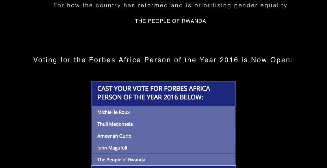 georgiendirangu's tweet photo. The people of Rwanda (entire country) nominated for Forbes "Person of the year" for rebuilding the country! Vote >> https://t.co/fQgwBhLWo9 https://t.co/bVm8qFEPpu