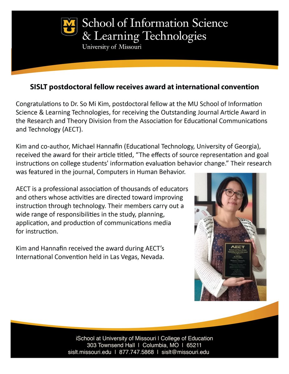 MizzouSISLT's tweet photo. Details on @MizzouSISLT post doctoral faculty member SoMi Kim's award presented at the @AECT conference. #AECT16 #AECT2016 https://t.co/eUna2F5axy