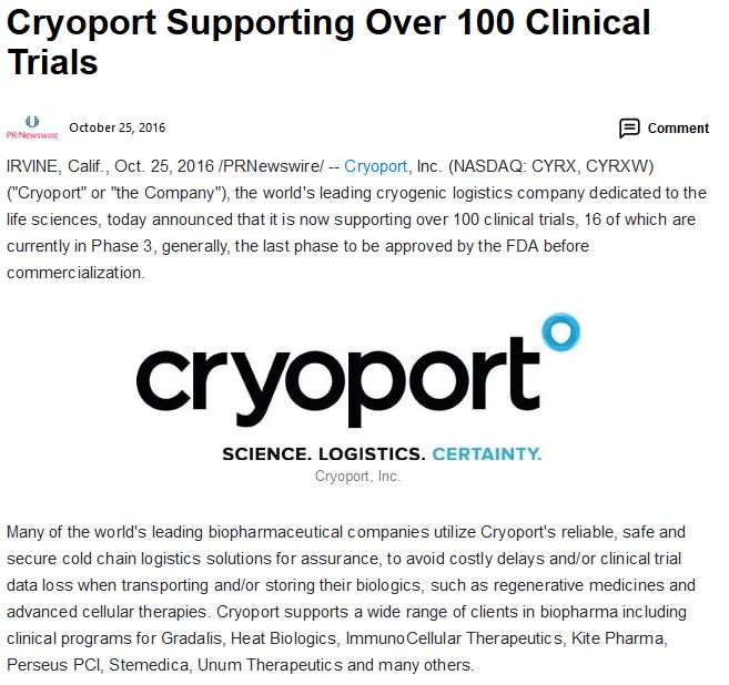 WealthMakersLtd's tweet photo. @cryoport $CYRX news: 100 clinical trials milestone https://t.co/Bg51qyCFpA Clients @gradalis_inc @KitePharma @ImmunoCellular @stemedica https://t.co/IVJ6LtOQmG