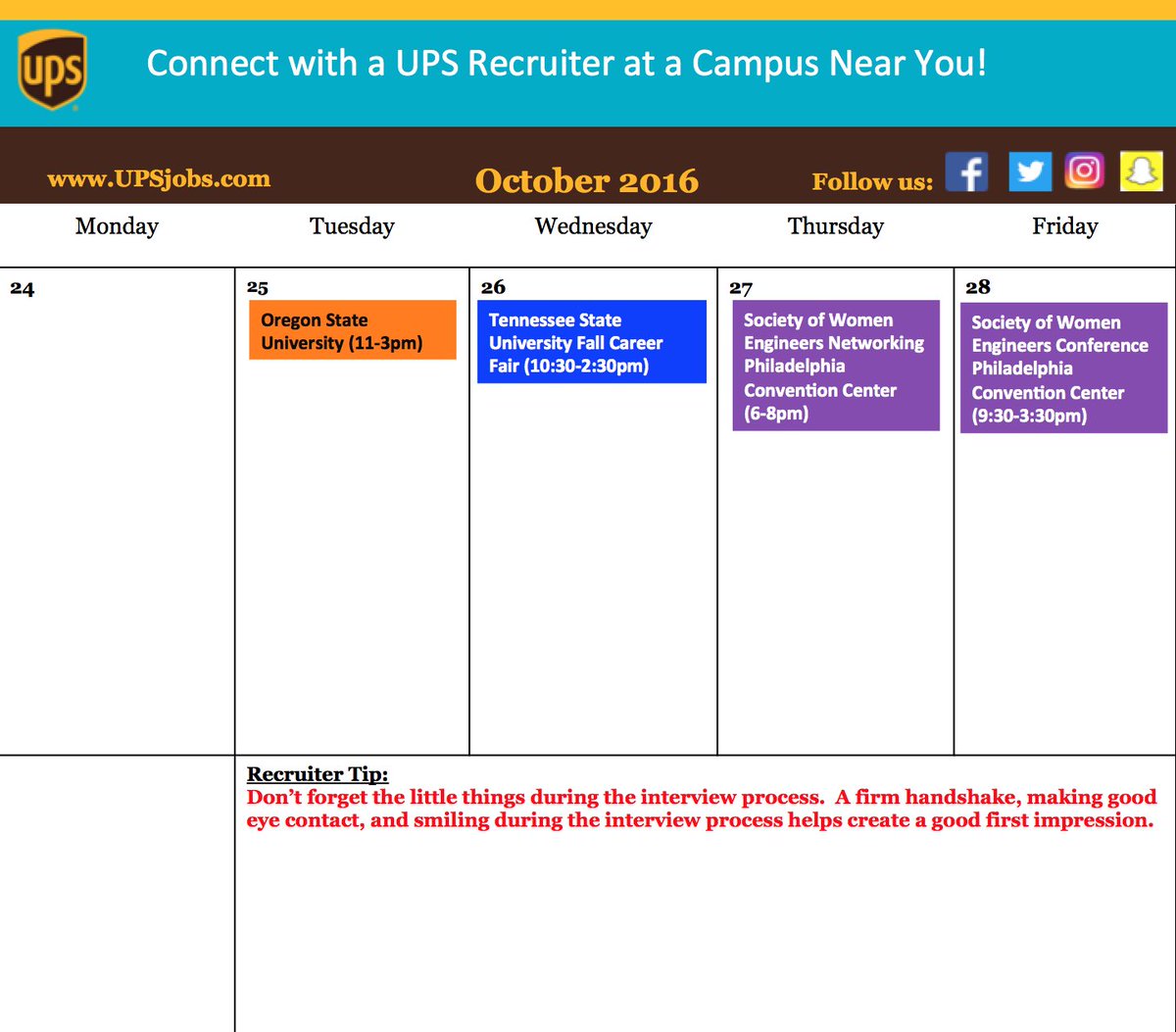 UPSjobs's tweet photo. UPS is coming to a campus near you! Chat w/ recruiters about UPS #careers &amp; how you can fit in. #UPSonCampus https://t.co/Lryodmfk58