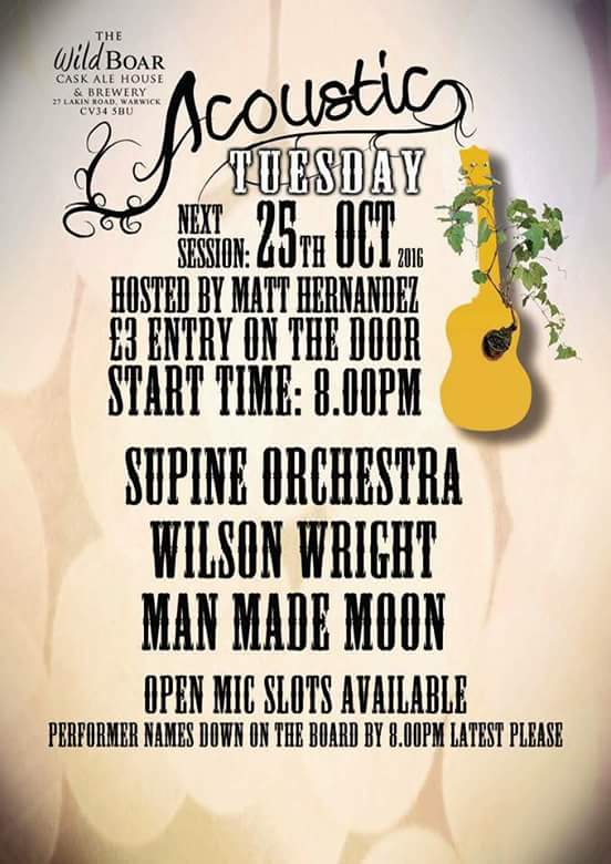 Acoustic Tuesday TONIGHT <a href="/WildBoarWarwick/">The Wild Boar</a> with <a href="/supineorchestra/">Supine Orchestra</a> @manmademoonband #wilsonwright 
@OnSmithSt <a href="/moreWarwick/">Visit Warwick</a> <a href="/WarwickWitter/">Warwick Witter</a>