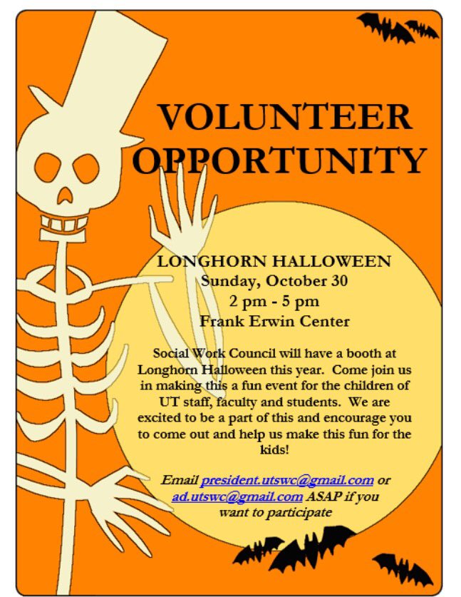 utexasswc's tweet image. Need some volunteer hours? Just love helping out? Come join us this Sunday @ Longhorn Halloween 👻💀🎃