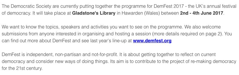demfestuk's tweet photo. We've had a nice stream of suggestions for the #demfest17 programme so far, thank you! Keep the great ideas flowing: https://t.co/8u9s6ubdzA https://t.co/Jv3tk7Rgqn