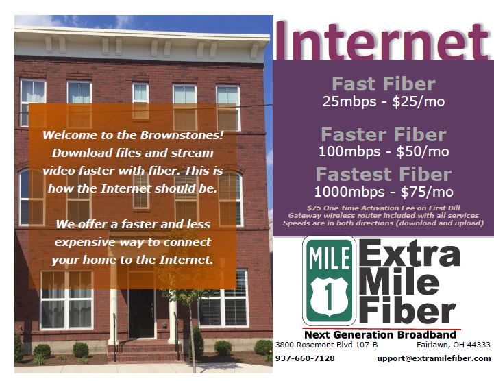 Extra Mile Fiber is now servicing up to 1gbps at our 2nd Dayton location the #Brownstonesat2nd ! <a href="/SimmsDev/">Simms Development</a> #gigabit #FttH