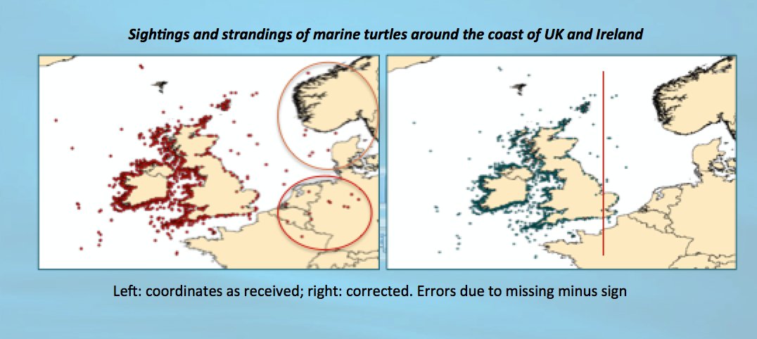 cobbers_ocean's tweet photo. This is why you must always include minus sign in coordinates! Otherwise Super Land Turtles lead to false @nature papers!? #deepseadata https://t.co/n3YhldBWQC